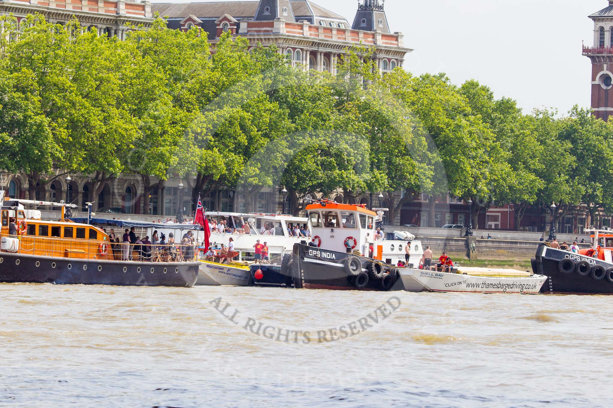 TOW River Thames Barge Driving Race 2013: MV Havengore, hosting VIP guests, on the left, behind GPS Marine tug "GPS India", ready to pull barge "Benjamin", by London Party Boats, and barge "Shell Bay" by South Dock Marina, back to Greenwich..
River Thames between Greenwich and Westminster,
London,

United Kingdom,
on 13 July 2013 at 14:36, image #497