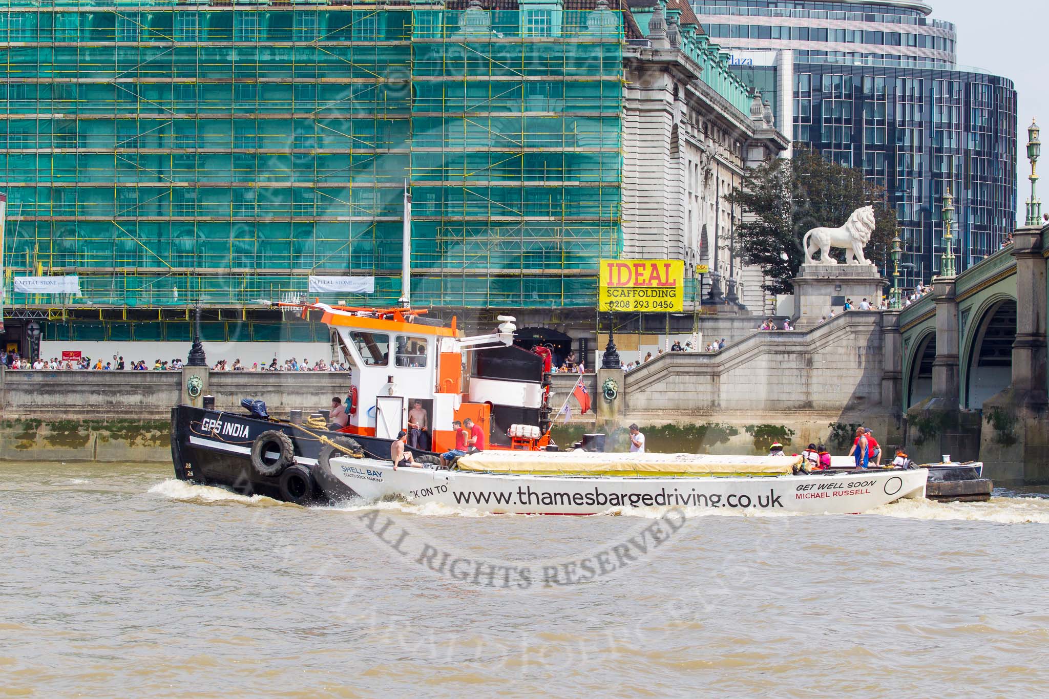TOW River Thames Barge Driving Race 2013: GPS Marine tug "GPS India", pulling barge "Benjamin", by London Party Boats, and barge "Shell Bay" by South Dock Marina, back to Greenwich..
River Thames between Greenwich and Westminster,
London,

United Kingdom,
on 13 July 2013 at 14:40, image #505