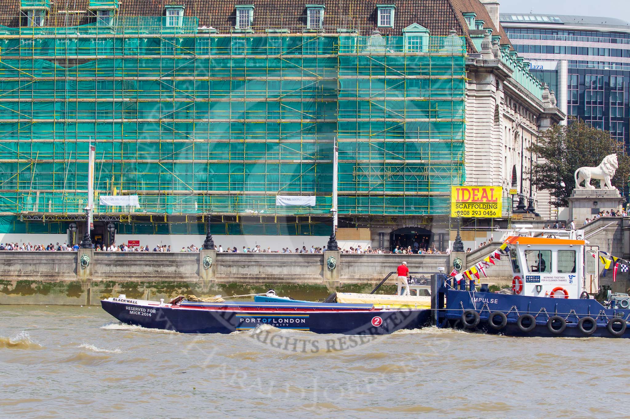 TOW River Thames Barge Driving Race 2013: PLA tug "Impulse" pushing barge "Blackwall", by the Port of London Authority, back from Westminster to Greenwich..
River Thames between Greenwich and Westminster,
London,

United Kingdom,
on 13 July 2013 at 14:41, image #508