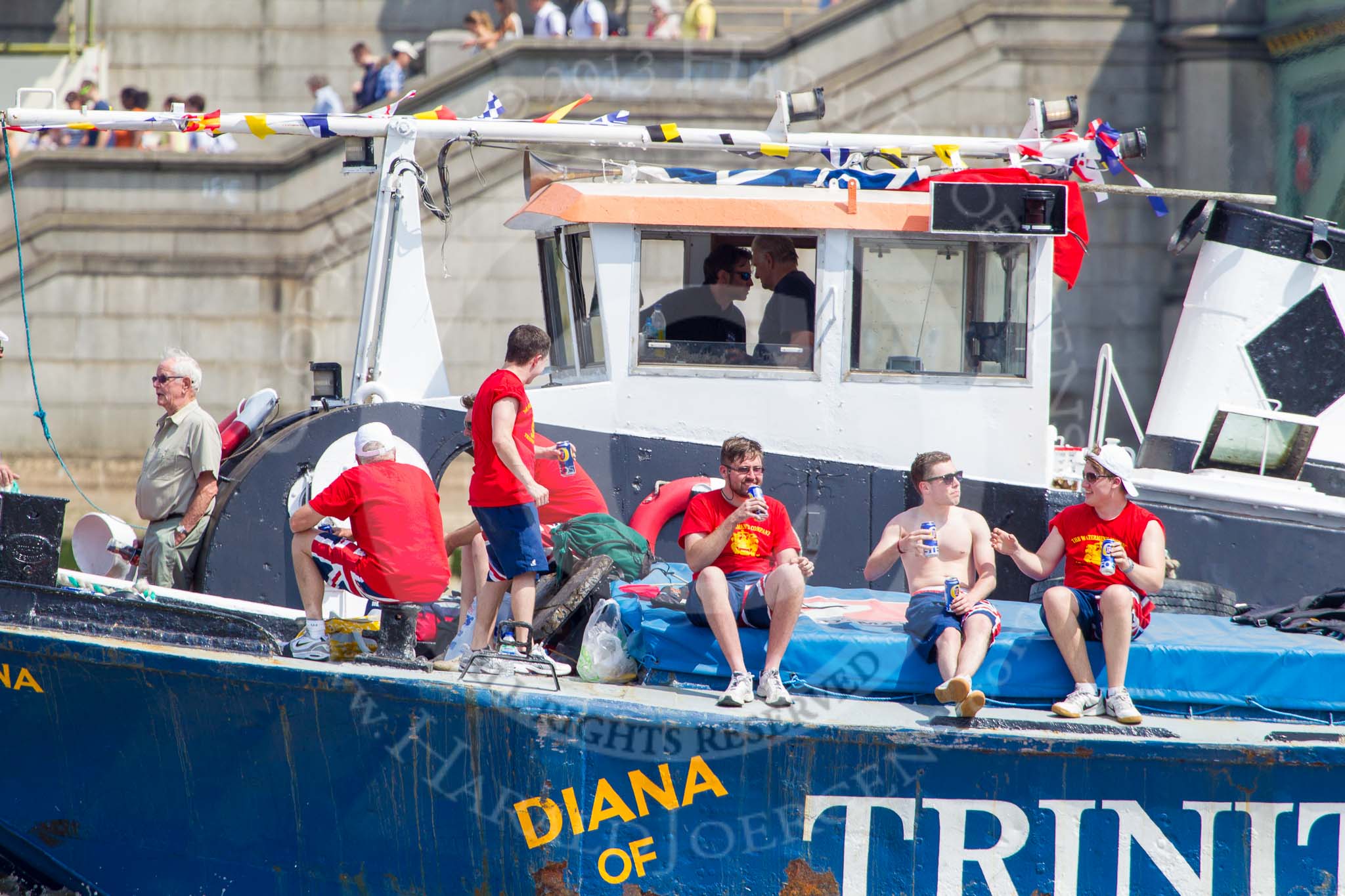 TOW River Thames Barge Driving Race 2013: Barge "Diana", by Trinity Buoy Wharf, pulled back to Greenwich by tug "Swiftstone"..
River Thames between Greenwich and Westminster,
London,

United Kingdom,
on 13 July 2013 at 14:42, image #512