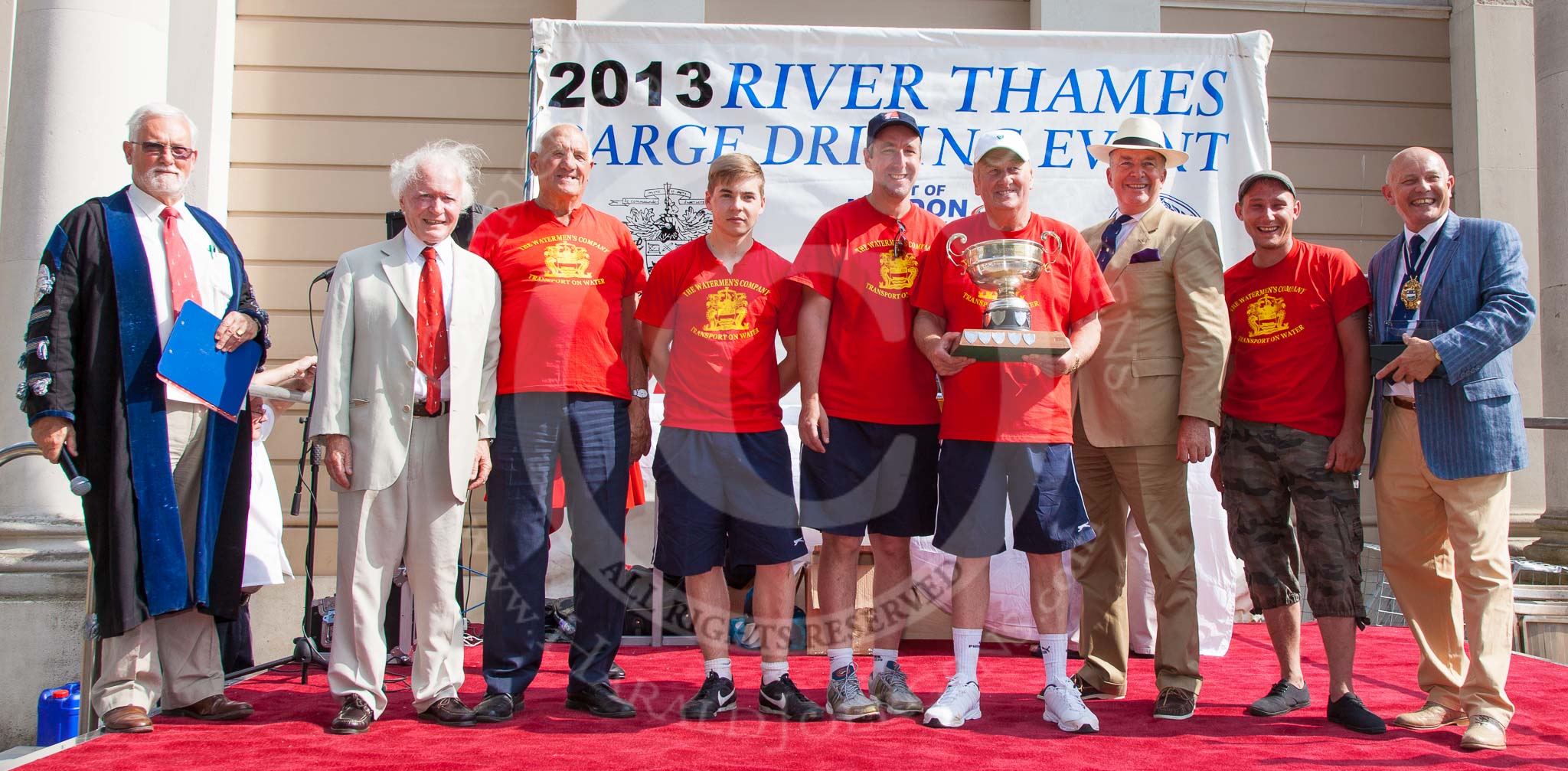 Photo 1307131624265D24915HaraldJoergens TOW River Thames Barge Driving Race 2013: The "Chris Williams Challenge Bowl", for the third rank winner, goes to the crew of barge "Spirit of Mountabatten", by Mechanical Movements and Enabling Services Ltd..
River Thames between Greenwich and Westminster,
London,
United Kingdom,
on 13 July 2013 at 16:24, image #574
