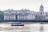 TOW River Thames Barge Driving Race 2013: Royal Naval College, Greenwich, and one of the competing barges, "Darren Lacey" by Princess Pocahontas. The passing 72-ft narrowboat "September Morn" gives a good idea about the size of the barge..
River Thames between Greenwich and Westminster,
London,

United Kingdom,
on 13 July 2013 at 08:52, image #5