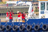 TOW River Thames Barge Driving Race 2013: The crew of barge "Blackwall" by the Port of London Authority, on board of the pusher tug "Impulse", pushing "Blackwall" to the start of the race..
River Thames between Greenwich and Westminster,
London,

United Kingdom,
on 13 July 2013 at 11:36, image #31