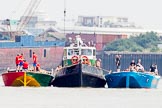 TOW River Thames Barge Driving Race 2013: Barges  "Darren Lacey", by Princess Pocahontas, and "Jane" by the RMT Union, next to tug "Horton", before the start of the race..
River Thames between Greenwich and Westminster,
London,

United Kingdom,
on 13 July 2013 at 12:09, image #49