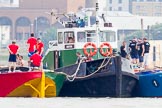 TOW River Thames Barge Driving Race 2013: Barges  "Darren Lacey", by Princess Pocahontas, and "Jane" by the RMT Union, with their crews next to tug "Horton", before the start of the race..
River Thames between Greenwich and Westminster,
London,

United Kingdom,
on 13 July 2013 at 12:12, image #51