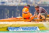 TOW River Thames Barge Driving Race 2013: Preparations for the race on board of barge "Hoppy", by GPS Fabrication, before the start of the race..
River Thames between Greenwich and Westminster,
London,

United Kingdom,
on 13 July 2013 at 12:15, image #56