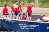 TOW River Thames Barge Driving Race 2013: Crew on board of barge "Benjamin", by London Party Boats, on the way to start of the race..
River Thames between Greenwich and Westminster,
London,

United Kingdom,
on 13 July 2013 at 12:18, image #62