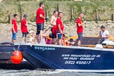 TOW River Thames Barge Driving Race 2013: Crew on board of barge "Benjamin", by London Party Boats, on the way to start of the race..
River Thames between Greenwich and Westminster,
London,

United Kingdom,
on 13 July 2013 at 12:18, image #63