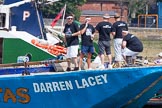 TOW River Thames Barge Driving Race 2013: The crew on board of barge  "Darren Lacey", by Princess Pocahontas,  before the start of the race..
River Thames between Greenwich and Westminster,
London,

United Kingdom,
on 13 July 2013 at 12:21, image #68