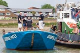 TOW River Thames Barge Driving Race 2013: The crew on board of barge  "Darren Lacey", by Princess Pocahontas,  before the start of the race. On the right tug "Horton"..
River Thames between Greenwich and Westminster,
London,

United Kingdom,
on 13 July 2013 at 12:22, image #69