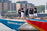 TOW River Thames Barge Driving Race 2013: Crews on board of barge  "Darren Lacey", by Princess Pocahontas,  before the start of the race..
River Thames between Greenwich and Westminster,
London,

United Kingdom,
on 13 July 2013 at 12:22, image #74