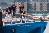TOW River Thames Barge Driving Race 2013: Crew on board of barge "Darren Lacey", by Princess Pocahontas, getting ready for the race..
River Thames between Greenwich and Westminster,
London,

United Kingdom,
on 13 July 2013 at 12:23, image #77