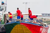 TOW River Thames Barge Driving Race 2013: The crew on board of barge "Jane", by the RMT Union, is getting ready for the start of the race..
River Thames between Greenwich and Westminster,
London,

United Kingdom,
on 13 July 2013 at 12:29, image #85