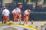 TOW River Thames Barge Driving Race 2013: The crew on board of barge "Hoppy", by GPS Fabrication, is checking their equipment before the start of the race..
River Thames between Greenwich and Westminster,
London,

United Kingdom,
on 13 July 2013 at 12:32, image #88