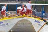 TOW River Thames Barge Driving Race 2013: The crew of barge "Hoppy", by GPS Fabrication, getting ready to row from the start..
River Thames between Greenwich and Westminster,
London,

United Kingdom,
on 13 July 2013 at 12:35, image #110