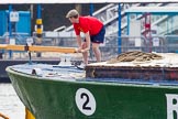 TOW River Thames Barge Driving Race 2013: The steerer of barge "Jane", by the RMT Union, after the start of the race..
River Thames between Greenwich and Westminster,
London,

United Kingdom,
on 13 July 2013 at 12:35, image #113