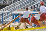 TOW River Thames Barge Driving Race 2013: rowers wearing skirts on the deck of of barge "Hoppy" by GPS Fabrication..
River Thames between Greenwich and Westminster,
London,

United Kingdom,
on 13 July 2013 at 12:36, image #121