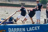 TOW River Thames Barge Driving Race 2013: Rowers on the deck of of barge "Darren Lacey", by Princess Pocahontas, during the race..
River Thames between Greenwich and Westminster,
London,

United Kingdom,
on 13 July 2013 at 12:37, image #131