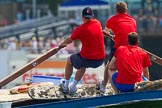 TOW River Thames Barge Driving Race 2013: Rowers on the deck of barge "Jane", by the RMT Union, during the race..
River Thames between Greenwich and Westminster,
London,

United Kingdom,
on 13 July 2013 at 12:37, image #135