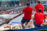 TOW River Thames Barge Driving Race 2013: Rowers on the deck of barge "Jane", by the RMT Union, during the race..
River Thames between Greenwich and Westminster,
London,

United Kingdom,
on 13 July 2013 at 12:37, image #136