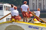 TOW River Thames Barge Driving Race 2013: Rowers wearing skirts on the deck of of barge "Hoppy" by GPS Fabrication..
River Thames between Greenwich and Westminster,
London,

United Kingdom,
on 13 July 2013 at 12:38, image #137