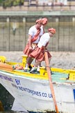 TOW River Thames Barge Driving Race 2013: Rowers wearing skirts on the deck of of barge "Hoppy" by GPS Fabrication..
River Thames between Greenwich and Westminster,
London,

United Kingdom,
on 13 July 2013 at 12:39, image #156