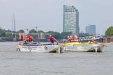 TOW River Thames Barge Driving Race 2013: Barge "Spirit of Mountabatten", by Mechanical Movements and Enabling Services Ltd, and barge barge "Hoppy", by GPS Fabrication, during the race. In the background, on the left, the "Shard" skyscraper..
River Thames between Greenwich and Westminster,
London,

United Kingdom,
on 13 July 2013 at 12:40, image #160