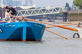 TOW River Thames Barge Driving Race 2013: Rear view of barge "Darren Lacey", by Princess Pocahontas, during the race, approching Masthouse Terrace Pier.  On the right is barge "Spirit of Mountabatten", by Mechanical Movements and Enabling Services Ltd..
River Thames between Greenwich and Westminster,
London,

United Kingdom,
on 13 July 2013 at 12:42, image #177