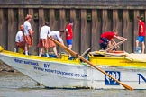 TOW River Thames Barge Driving Race 2013: Barge "Hoppy", by GPS Fabrication, behind Hoppy barge "Jane", by the RMT Union..
River Thames between Greenwich and Westminster,
London,

United Kingdom,
on 13 July 2013 at 12:46, image #200