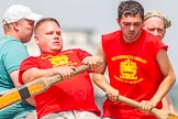TOW River Thames Barge Driving Race 2013: Rowers on board of barge "Steve Faldo", by Capital Pleasure Boats..
River Thames between Greenwich and Westminster,
London,

United Kingdom,
on 13 July 2013 at 13:02, image #264