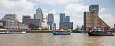 TOW River Thames Barge Driving Race 2013: Barge "Darren Lacey", by Princess Pocahontas, followed by tug "Horton", in front of the skyscrapers at Canary Wharf..
River Thames between Greenwich and Westminster,
London,

United Kingdom,
on 13 July 2013 at 13:14, image #295