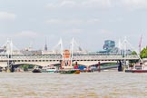 TOW River Thames Barge Driving Race 2013: Barge "Jane", by the RMT Union, passing Hungerford Bridge, followed by barge "Darren Lacey", by Princess Pocahontas..
River Thames between Greenwich and Westminster,
London,

United Kingdom,
on 13 July 2013 at 14:27, image #467