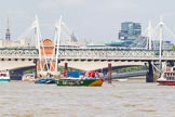 TOW River Thames Barge Driving Race 2013: Barge "Jane", by the RMT Union, passing Hungerford Bridge, followed by barge "Darren Lacey", by Princess Pocahontas..
River Thames between Greenwich and Westminster,
London,

United Kingdom,
on 13 July 2013 at 14:27, image #468