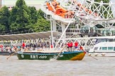 TOW River Thames Barge Driving Race 2013: Barge "Jane", by the RMT Union, at Hungerford Bridge and the London Eye, close to the race finish at Westminster Bridge..
River Thames between Greenwich and Westminster,
London,

United Kingdom,
on 13 July 2013 at 14:28, image #471