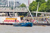 TOW River Thames Barge Driving Race 2013: Barge "Darren Lacey", by Princess Pocahontas, at Hungerford Bridge and the London Eye, close to the race finish at Westminster Bridge..
River Thames between Greenwich and Westminster,
London,

United Kingdom,
on 13 July 2013 at 14:28, image #472