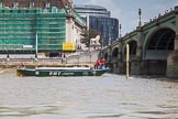 TOW River Thames Barge Driving Race 2013: Barge "Jane", by the RMT Union, about to cross the finish line of the race at Westminster Bridge..
River Thames between Greenwich and Westminster,
London,

United Kingdom,
on 13 July 2013 at 14:29, image #474