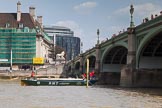 TOW River Thames Barge Driving Race 2013: Barge "Jane", by the RMT Union, crossing the finish line of the race at Westminster Bridge..
River Thames between Greenwich and Westminster,
London,

United Kingdom,
on 13 July 2013 at 14:30, image #475