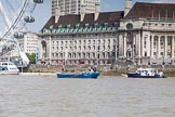 TOW River Thames Barge Driving Race 2013: Barge "Darren Lacey", by Princess Pocahontas, at the London Eye and London Aquarium, close to the race finish at Westminster Bridge..
River Thames between Greenwich and Westminster,
London,

United Kingdom,
on 13 July 2013 at 14:30, image #476