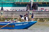 TOW River Thames Barge Driving Race 2013: Barge "Darren Lacey", by Princess Pocahontas, approaching the race finish at Westminster Bridge..
River Thames between Greenwich and Westminster,
London,

United Kingdom,
on 13 July 2013 at 14:30, image #478