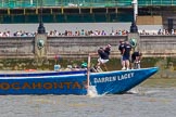 TOW River Thames Barge Driving Race 2013: Barge "Darren Lacey", by Princess Pocahontas, approaching the race finish at Westminster Bridge..
River Thames between Greenwich and Westminster,
London,

United Kingdom,
on 13 July 2013 at 14:30, image #479