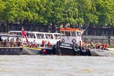 TOW River Thames Barge Driving Race 2013: MV Havengore, hosting VIP guests, on the left, behind GPS Marine tug "GPS India", ready to pull barge "Benjamin", by London Party Boats, and barge "Shell Bay" by South Dock Marina, back to Greenwich..
River Thames between Greenwich and Westminster,
London,

United Kingdom,
on 13 July 2013 at 14:36, image #498