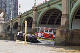 TOW River Thames Barge Driving Race 2013: GPS Marine tug "GPS Vincia" pulling barge "Hoppy", by GPS Fabrication, back from Westminster to Greenwich, here pasing Westminster Bridge..
River Thames between Greenwich and Westminster,
London,

United Kingdom,
on 13 July 2013 at 14:40, image #506