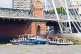 TOW River Thames Barge Driving Race 2013: Barge "Diana", by Trinity Buoy Wharf, pulled back to Greenwich by tug "Swiftstone", here passing Hungerford Bridge..
River Thames between Greenwich and Westminster,
London,

United Kingdom,
on 13 July 2013 at 14:45, image #520