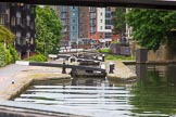 BCN Marathon Challenge 2014: View from the lock #2 of the 13 Farmers Bridge Locks on the Birmingham & Fazeley Canal, taking the canal 81ft (27m) down to the 372' level. The canal disappears under the road bridge..
Birmingham Canal Navigation,


United Kingdom,
on 23 May 2014 at 13:45, image #17