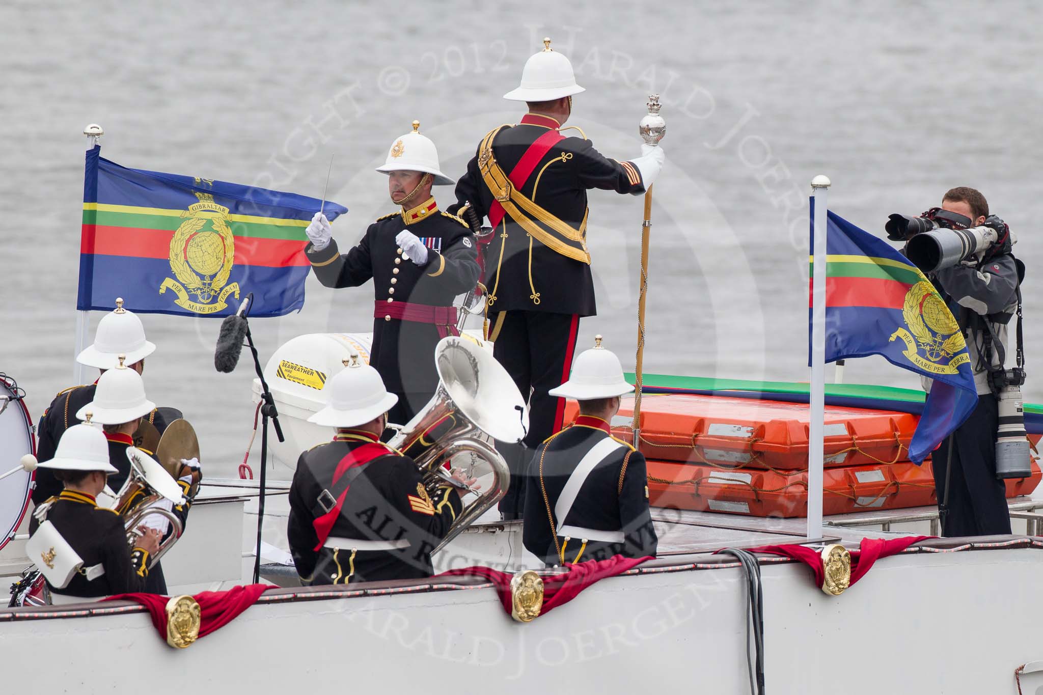 Thames Diamond Jubilee Pageant: BAND OF HM ROYAL MARINES PLYMOUTH-Valulla (H1)..
River Thames seen from Battersea Bridge,
London,

United Kingdom,
on 03 June 2012 at 15:10, image #248