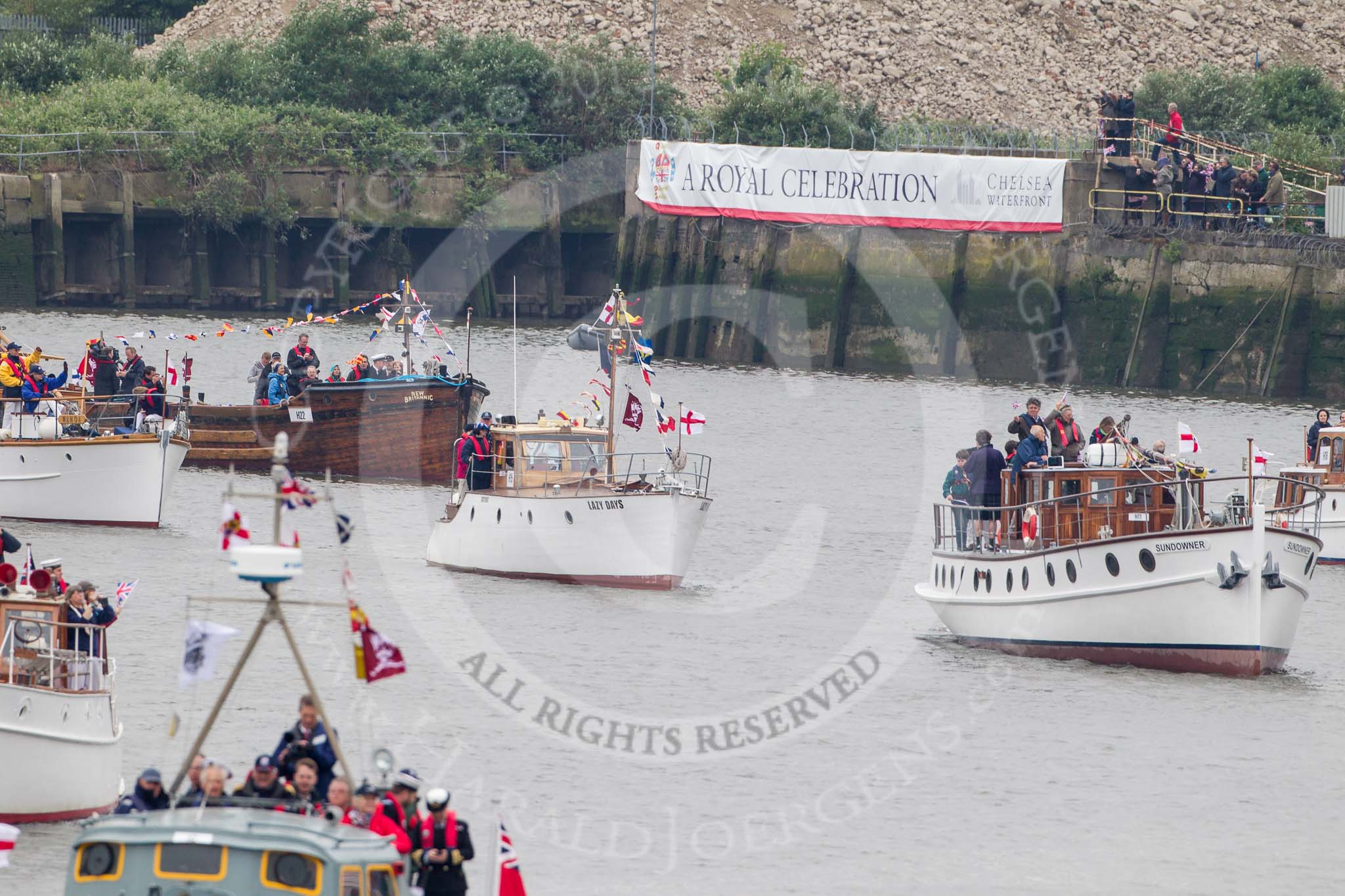 Thames Diamond Jubilee Pageant: DUNKIRK LITTLE SHIPS-Sundowner(H11), Lazy Days (H15) and New Britannica (H22)..
River Thames seen from Battersea Bridge,
London,

United Kingdom,
on 03 June 2012 at 15:10, image #252
