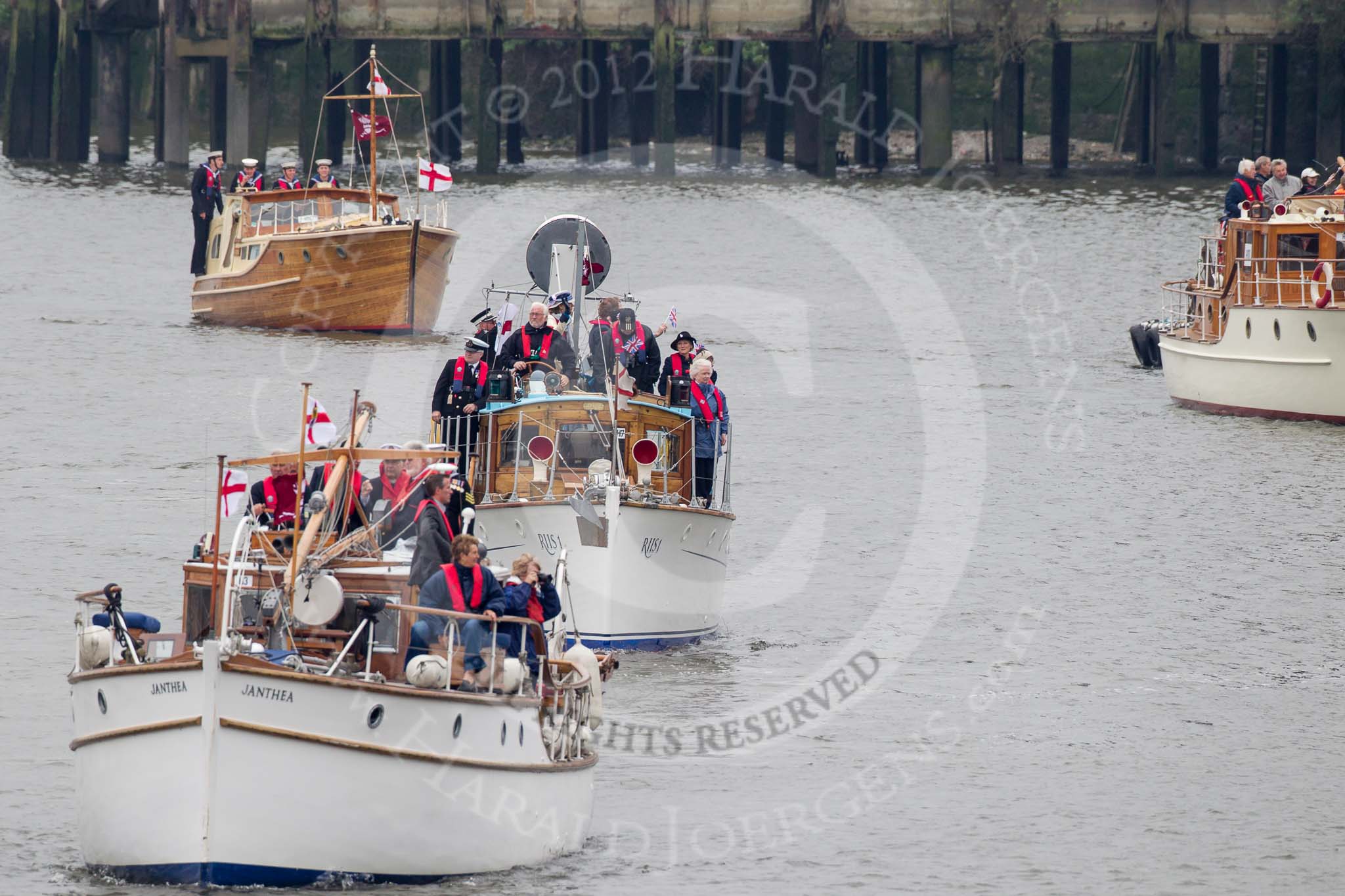 Thames Diamond Jubilee Pageant: Dunkirk Little Ships Janthea, RIIS1, and Latona on the left, Mimosa on the right of the image..
River Thames seen from Battersea Bridge,
London,

United Kingdom,
on 03 June 2012 at 15:10, image #254