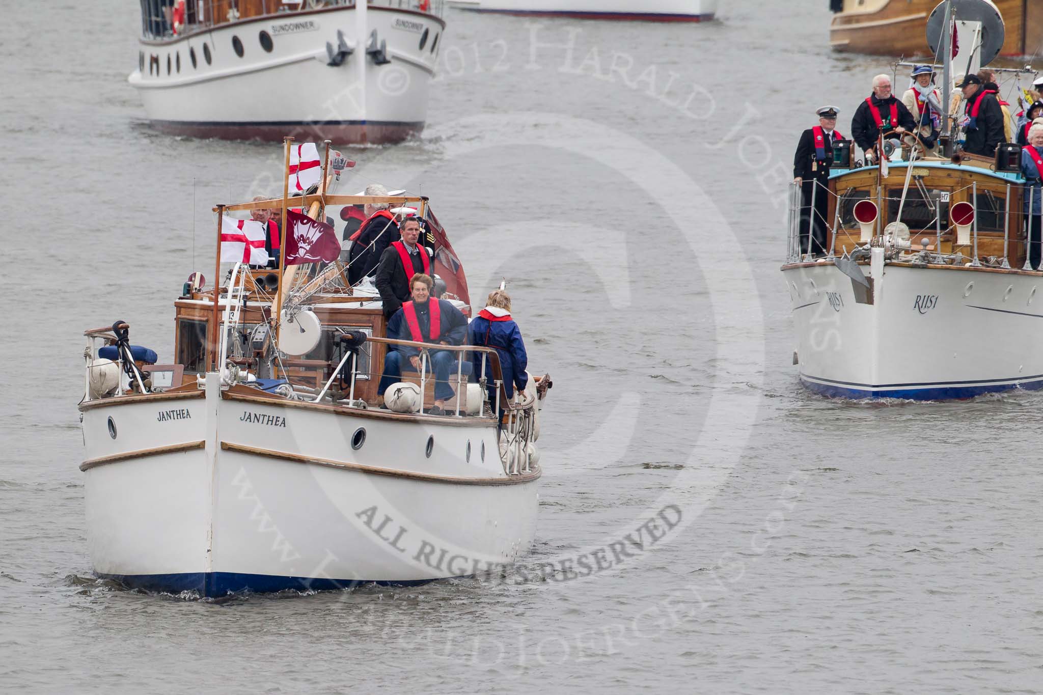 Thames Diamond Jubilee Pageant: DUNKIRK LITTLE SHIPS-Janthea (H3) and Riis 1 Hertfordshire (H7)..
River Thames seen from Battersea Bridge,
London,

United Kingdom,
on 03 June 2012 at 15:10, image #257