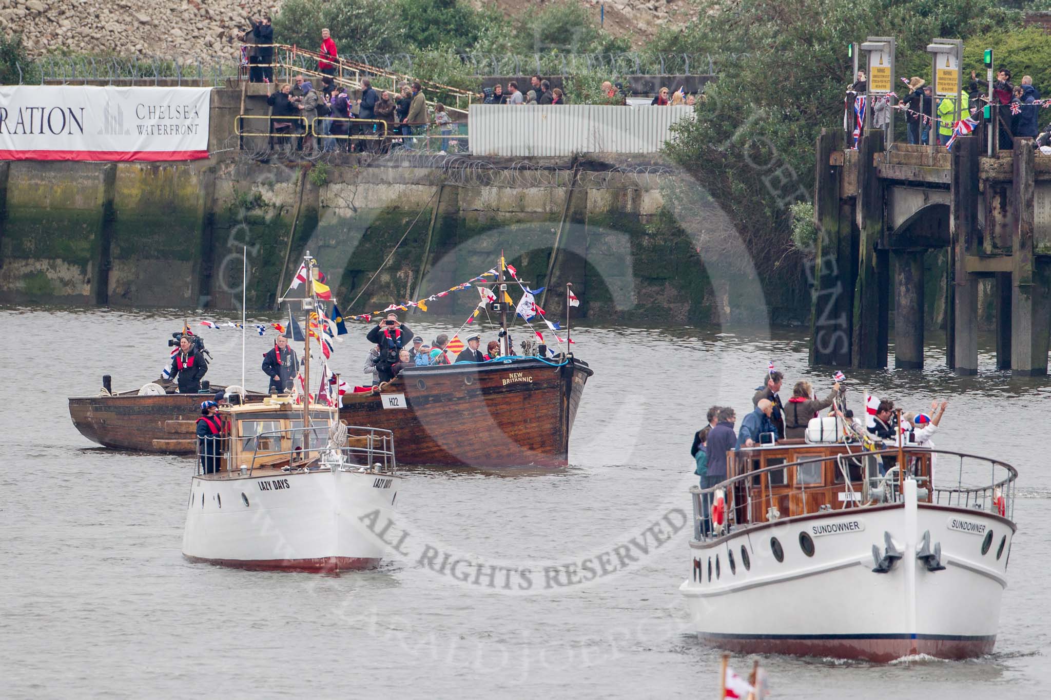 Thames Diamond Jubilee Pageant: DUNKIRK LITTLE SHIPS-Sundowner(H11), Lazy Days (H15) and New Britannica (H22)..
River Thames seen from Battersea Bridge,
London,

United Kingdom,
on 03 June 2012 at 15:11, image #259