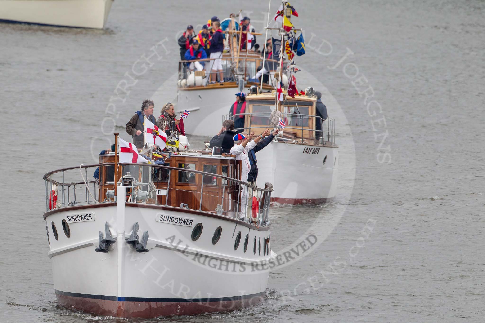 Thames Diamond Jubilee Pageant: DUNKIRK LITTLE SHIPS-Sundowner (H11), Lazy Days (H15)..
River Thames seen from Battersea Bridge,
London,

United Kingdom,
on 03 June 2012 at 15:12, image #269